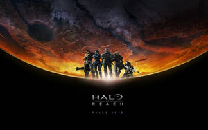 六名《最後一戰：瑞曲之戰》士兵在日落時分站在發光的外星行星前。 — 最後一戰： Reach 壁紙