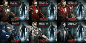 六套 Iron Man 戰甲，從 Mark 17 到 Mark 40，在實驗室環境中，帶有發光的反應器。 — 鋼鐵人標誌 壁紙