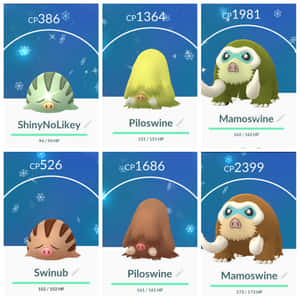 六張 Pokémon 遊戲卡牌，包含 ShinyNoLikey Piloswine 和 Mamoswine 在雪地冬季場景中，附有數值。 — 可愛寶可夢 壁紙
