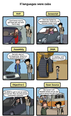 漫畫條，將程式語言比喻為不同類型的計程車。 — Nubia Flip2 壁紙
