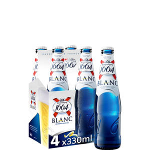 六瓶Kronenbourg 1664 Blanc啤酒瓶，帶有冷凝水，四瓶在包裝中，兩瓶散裝。 — 啤酒 壁紙