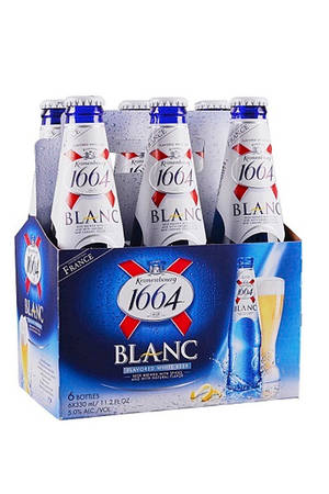 六瓶裝Kronenbourg 1664 Blanc啤酒，配以檸檬裝飾和倒出玻璃杯插圖。 — 水果 壁紙
