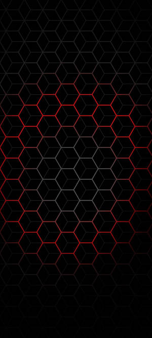 黑色背景上帶有紅色發光線條的六角形網格圖案。 — Pixel 9 壁紙