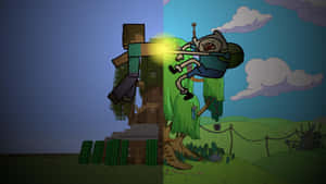兩個動畫角色在融合Minecraft與卡通風格的 split-screen 場景中戰鬥。 — 我的世界 壁紙