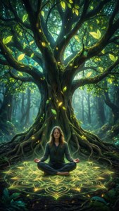 女性在魔法森林中於發光樹下冥想，伴隨著金色曼陀羅。 — 靈性動圖 壁紙