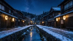 雪夜中的日本村莊街道，發光燈籠與倒映的小溪。 — 日式自然壁紙