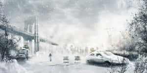 冬季風暴中，警車和布魯克林大橋的雪覆蓋城市街道。