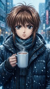 年輕動漫角色穿著冬季外套，在雪城市街上拿著冒熱氣的杯子。 — 庫洛魔法使 壁紙