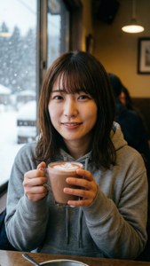 女子在雪窗前享受熱巧克力
