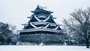 雪覆蓋了一座歷史悠久的日本城堡和周圍的樹木在冬天。 — ROG Ally 壁紙