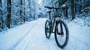 一輛登山車佇立於冬季森林中帶有藍色調的積雪小徑上。 — 登山車 壁紙