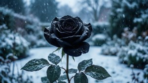 一朵在雪中綻放的黑玫瑰，寒冷冬日場景帶有藍色調。 — 黑玫瑰 壁紙