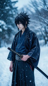 年輕武士身穿深色長袍，在雪地森林中手持劍。 — 富岡義勇 壁紙