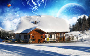 雪覆蓋的小屋，熱氣球和發光的行星在神奇的夜空中。 — 甜蜜的家 壁紙