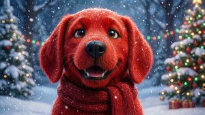 一隻戴著圍巾的紅狗在聖誕樹和燈光的雪白冬日場景中微笑。 — 大紅狗克利福德 壁紙