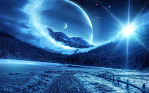 冰凍湖泊，外星行星和彎月，星光。 — 月光 壁紙