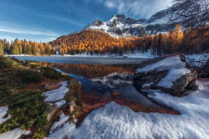 冰凍的湖面反射著白雪覆蓋的山脈和金色的樹木，天空湛藍清澈。 — 雪山 壁紙