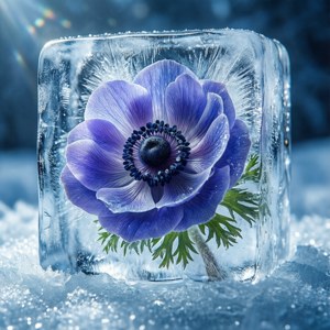 雪地上透明冰塊內凍結的紫色花朵。 — Pixel Watch 4 壁紙