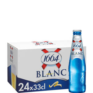 冰涼的1664 Blanc啤酒瓶旁邊是24瓶裝的盒子。 — 啤酒 壁紙
