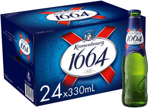 冰涼的Kronenbourg 1664啤酒盒和瓶子，帶有冷凝水滴。 — 啤酒 壁紙