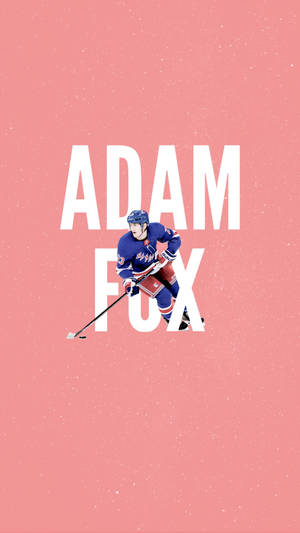 冰球運動員 Adam Fox 在粉紅色背景上以名字文字展現動作。 — 紐約遊騎兵 壁紙