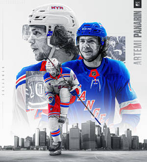 身穿藍色球衣的冰球運動員 Artemi Panarin 與城市天際線。 — 運動 壁紙