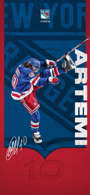 Artemi Panarin 紐約遊騎兵隊冰球運動員，以簽名和 10 號球衣擺出動作姿勢。 — 冰上曲棍球 GIF 壁紙