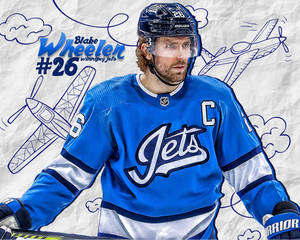 冰球運動員 Blake Wheeler 身穿藍色 Jets 球衣，帶有隊長 C 標誌。 — 運動 壁紙