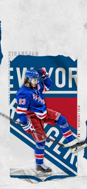 冰球運動員 Mika Zibanejad 身穿遊騎兵裝備，手持球棒在球隊標誌背景前擺姿勢。 — 運動 壁紙