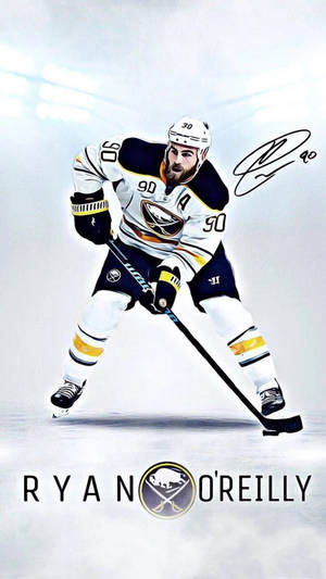冰球運動員 Ryan O'Reilly 在冰上擺出動作姿勢，身穿水牛城軍刀隊制服，下方有簽名和名字。 — 冰上曲棍球 GIF 壁紙
