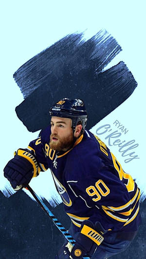 冰球運動員 Ryan O'Reilly 身穿藍金色制服，手持球棍。 — 水牛城軍刀 壁紙