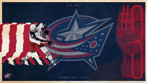 Seth Jones Columbus Blue Jackets 冰球運動員在帶有球隊標誌和肖像圖形的行動中。 — 哥倫布藍夾克 壁紙