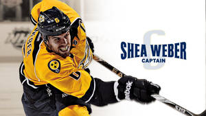 冰球隊隊長 Shea Weber 身穿黃色球衣，在冰上緊握球棍。 — 納許維爾掠奪者 壁紙