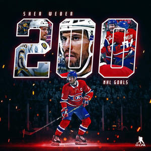 冰球運動員 Shea Weber 以嵌入巨大發光數字中的火花和球隊照片慶祝 200 個 NHL 進球。 — 運動 壁紙
