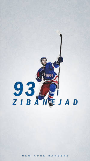 冰球運動員 Zibanejad 身穿 Rangers 球衣，高舉球棍慶祝。 — 運動 壁紙