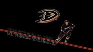 冰球運動員Teemu Selanne在運動中，帶有發光的橙色線條和Ducks標誌。 — 安納海姆鴨隊 壁紙