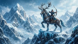 一位半人马在冬季的雪山峰顶拉弓而立。