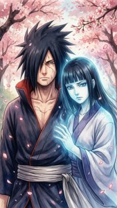 動漫情侶在櫻花樹下，花瓣飄落。 — iPhone 5 壁紙
