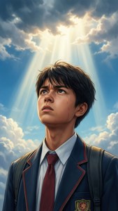 穿著校服的青少年男孩仰望穿過暴風雲層的神聖光芒。 — iPhone 6 壁紙