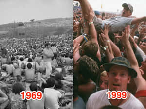 並排比較1969年和1999年音樂節的人群。 — Woodstock 壁紙