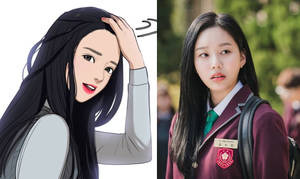 動漫少女旁邊是韓國女學生穿制服的實際照片。 — 琵豔卡·喬普拉 壁紙