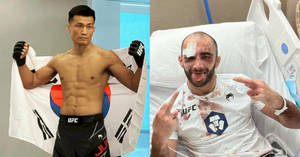 兩名UFC戰士，一名舉旗慶祝，另一名受傷在醫院病床上微笑。 — 終極格鬥冠軍賽 壁紙