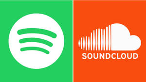 Spotify和SoundCloud應用程式標誌並排顯示在綠色和橙色背景上。 — Pro Display XDR 壁紙