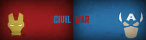 鋼鐵人和美國隊長頭盔相對，帶有Civil War文字。 — 32:9 壁紙