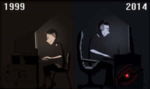 1999年和2014年的遊戲玩家使用不同電腦設置的並排插圖。 — 酷炫遊戲 壁紙
