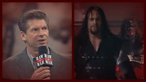 WWE主持人手持麥克風，旁邊是穿著深色服裝的The Undertaker和Kane。 — 送葬者 壁紙