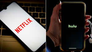 手拿著帶有 Hulu 標誌的電話，旁邊是顯示 Netflix 標誌的筆記型電腦。 — OLED 壁紙