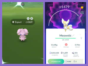 Pokémon GO 畫面顯示 Espurr 和 Meowstic，附有狀態和強化選項。 — 寶可夢 壁紙