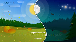 2021年9月的日曆，展示秋季白天和夜晚的場景，有落葉和星星。 — 九月 壁紙