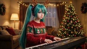 擁有馴鹿角的動漫女孩在舒適的客廳中彈奏鍵盤，慶祝聖誕節。 — 動漫聖誕 壁紙
